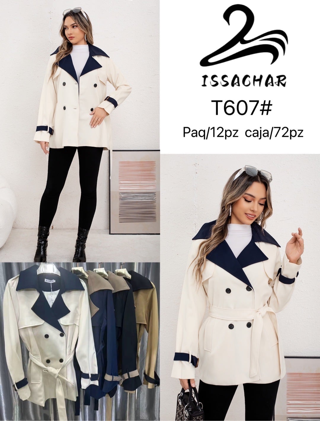 Trench coat con solapa y cinturón-T607#