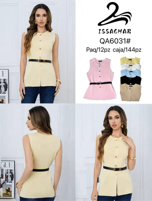 Blusa con botones y cinturón-QA6031#
