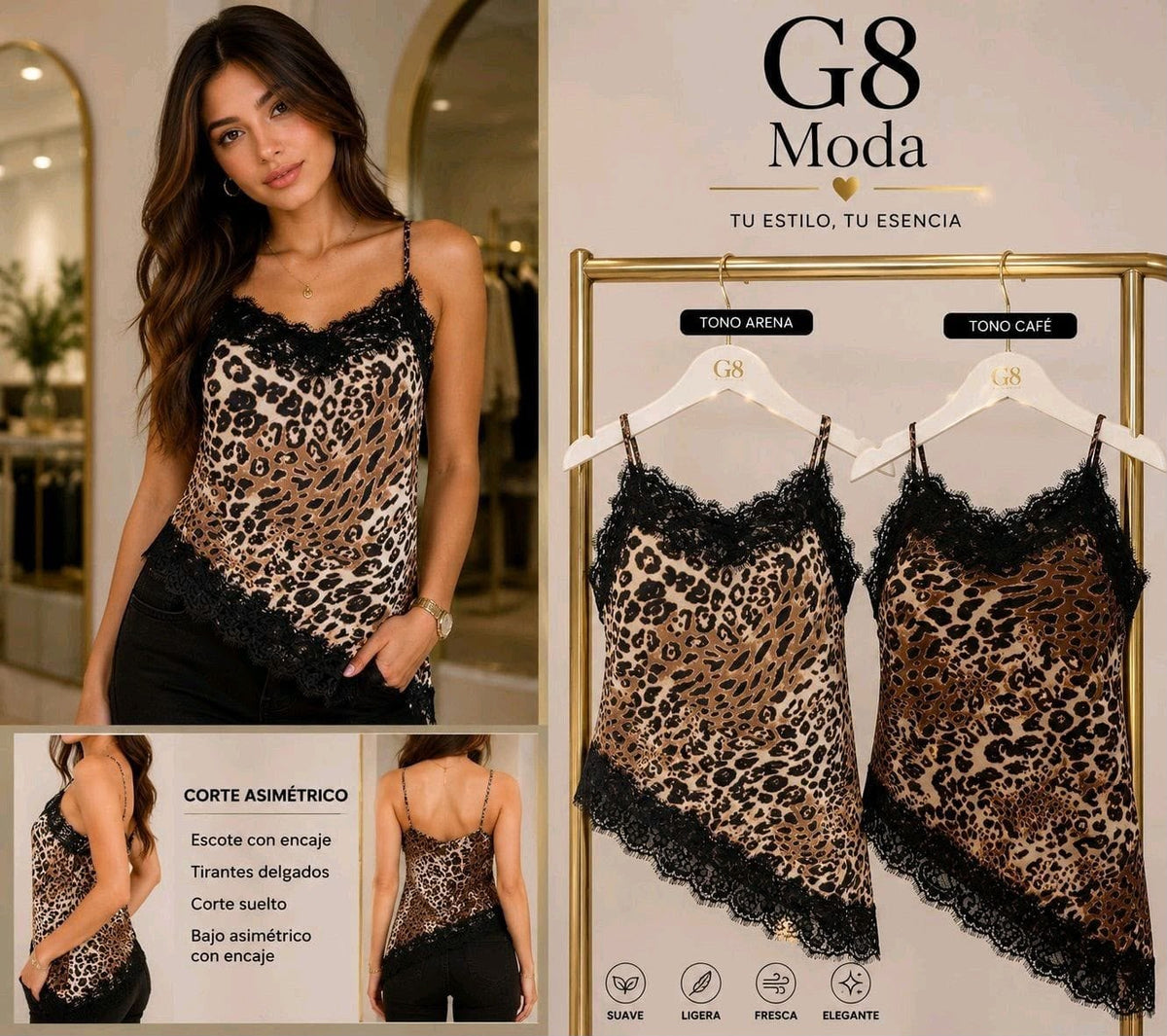 Blusa de tirantes con encaje y estampado animal print-0666