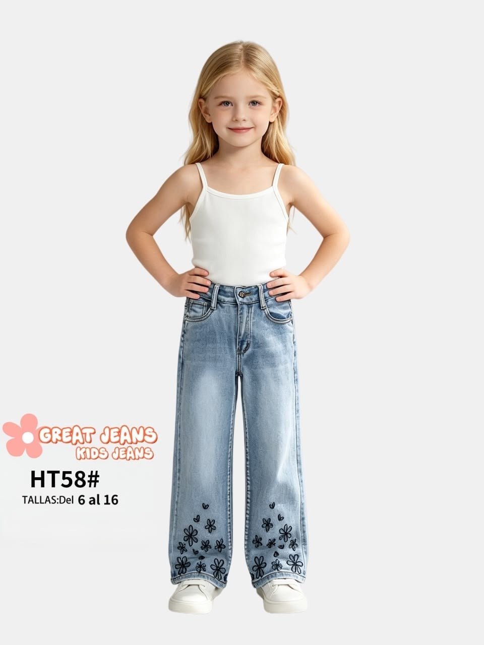 Jeans con bordado de flores-HT58#
