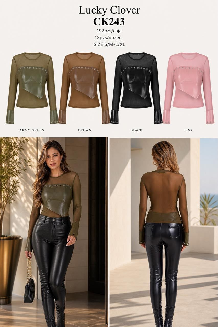 Blusa de manga larga con detalles en contraste-CK243