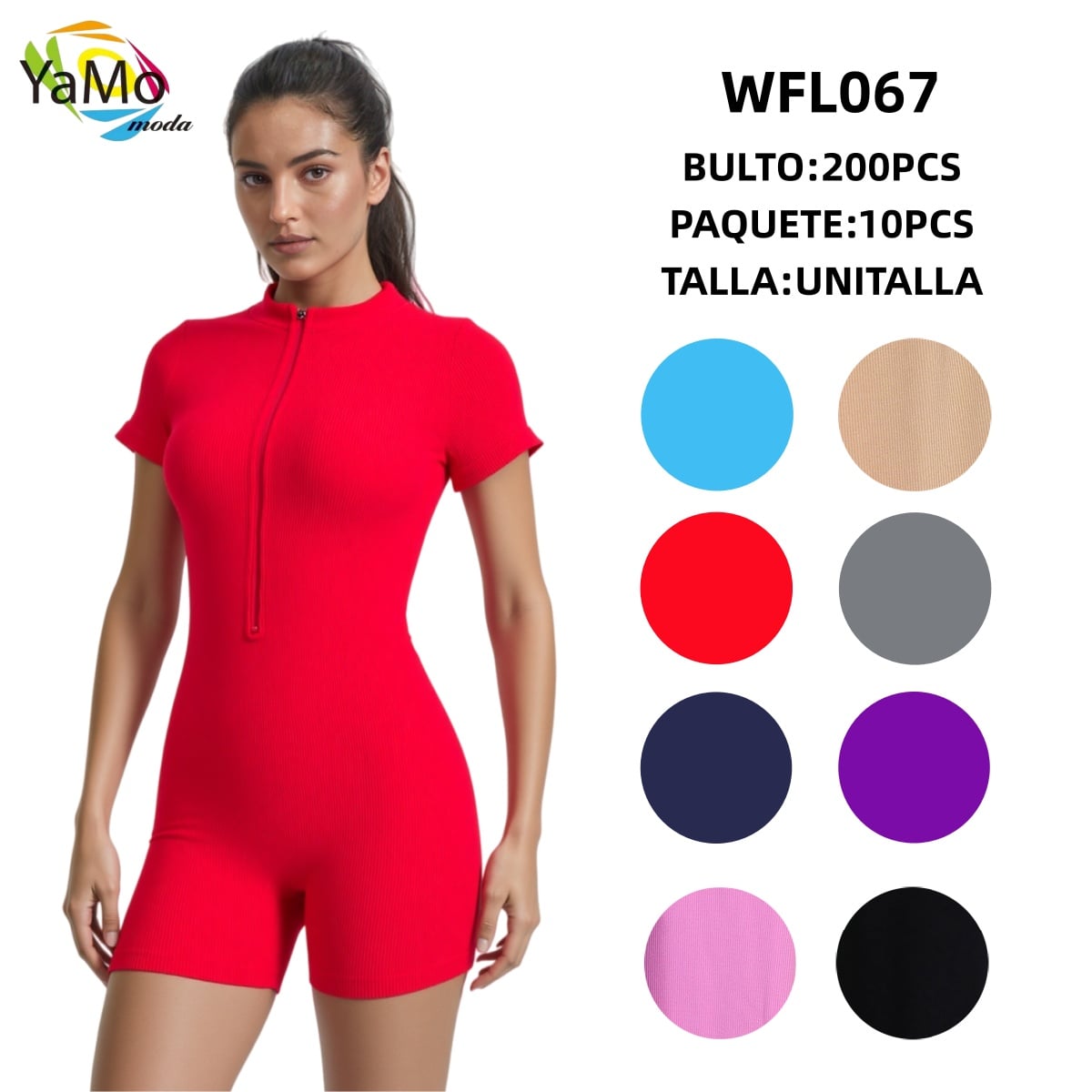 Jumpsuit corto acanalado con cremallera-WFL067