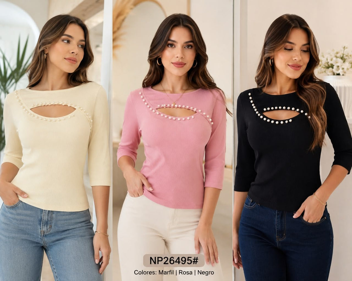 Top acanalado con detalle de perlas y abertura-NP26495#