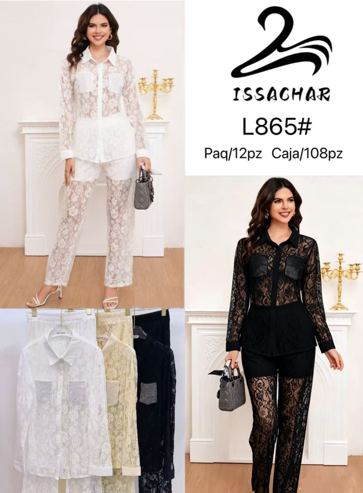 Conjunto de encaje con camisa y pantalón-L865#