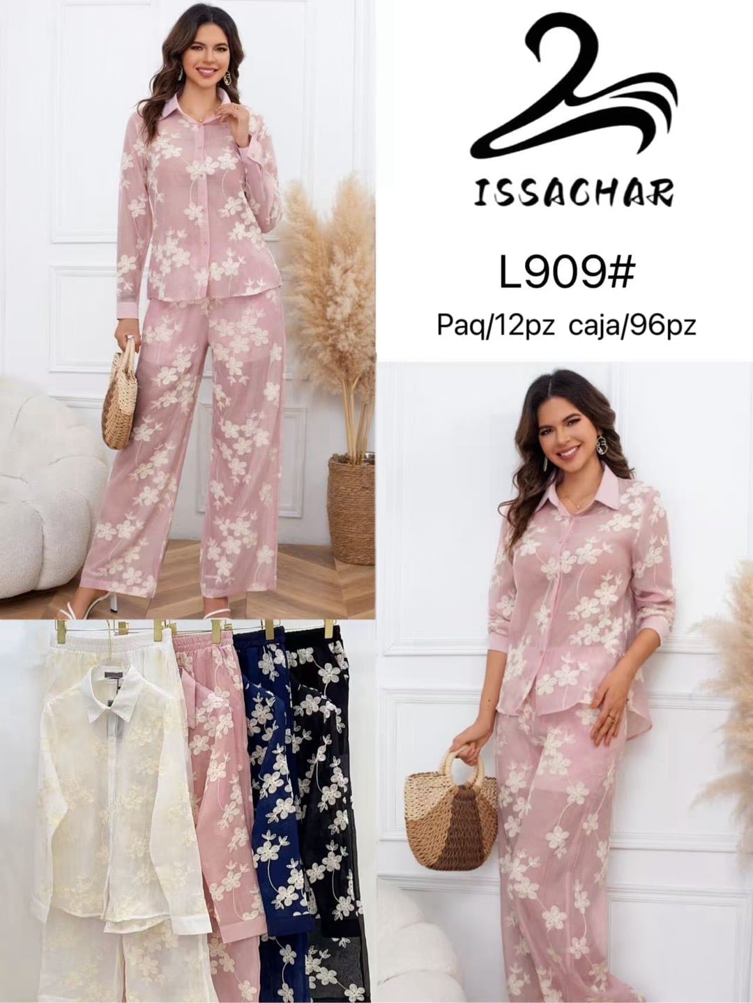 Conjunto de camisa y pantalón con estampado floral-L909#