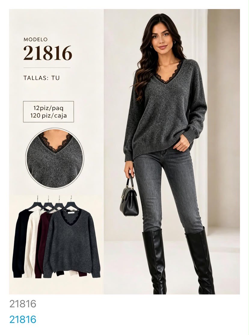 Suéter con cuello de encaje-21816