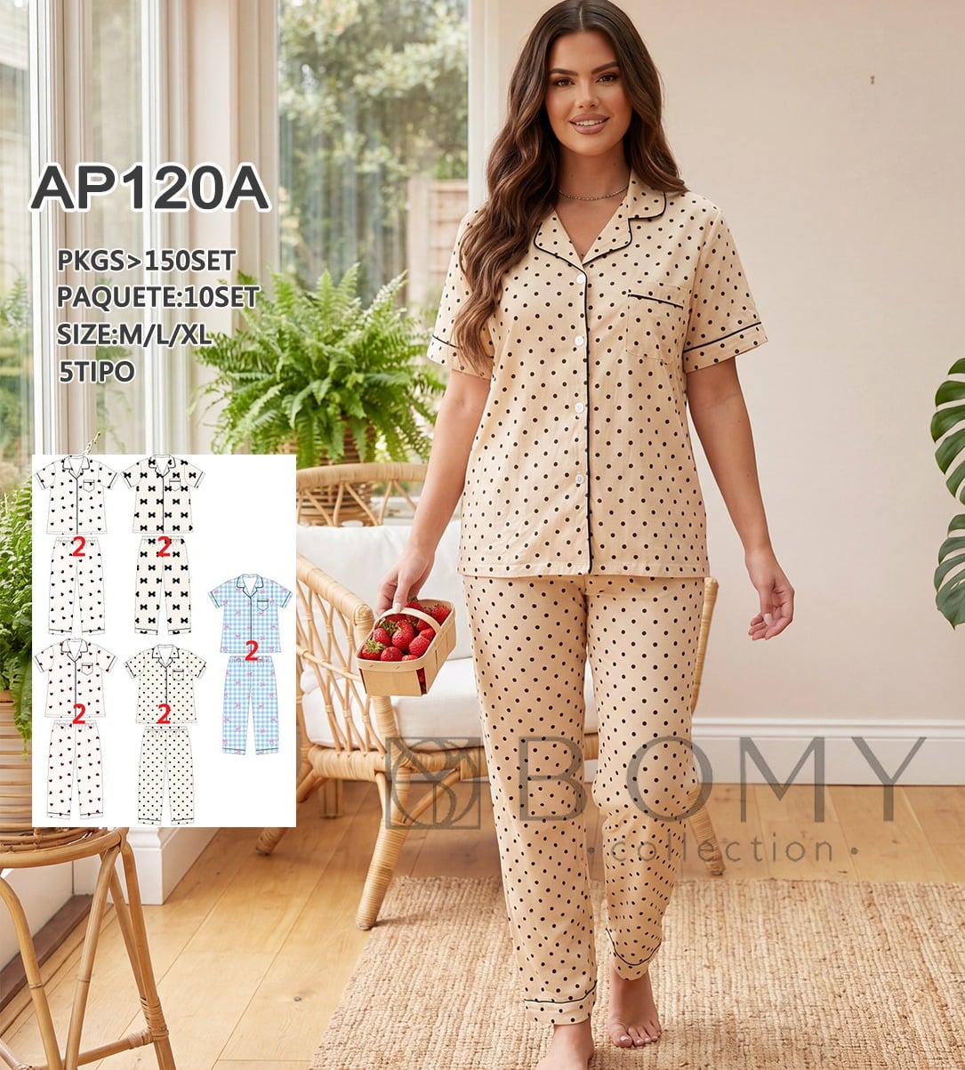 Pijama de botones con estampado de puntos-AP120A