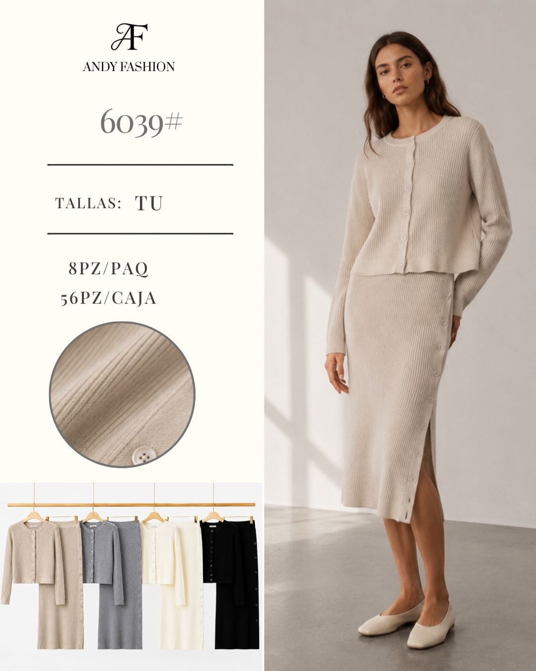 Conjunto de cárdigan y falda acanalada-6039#