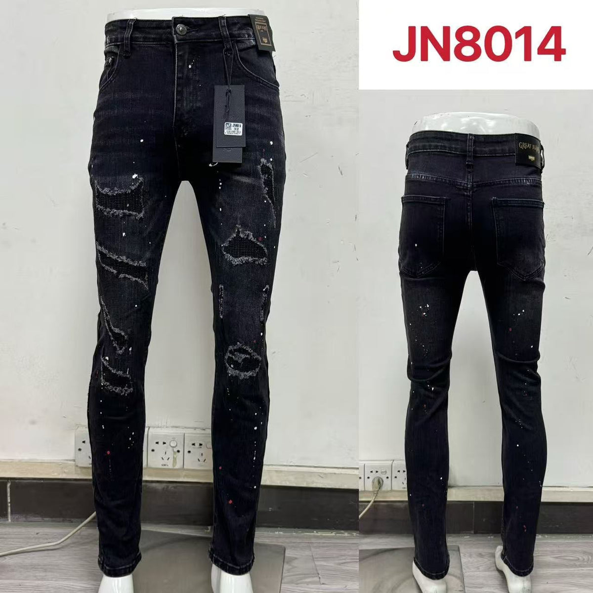 Jeans corte skinny con roturas y salpicaduras-JN8014