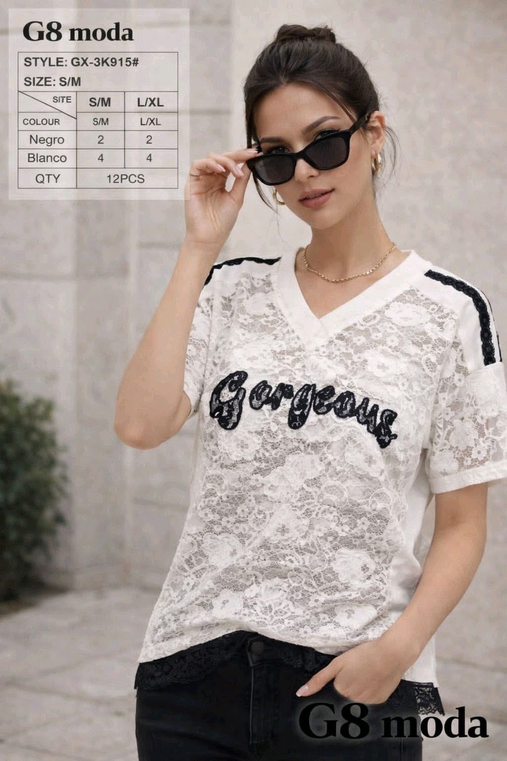 Blusa de encaje con diseño-GX-3K915#