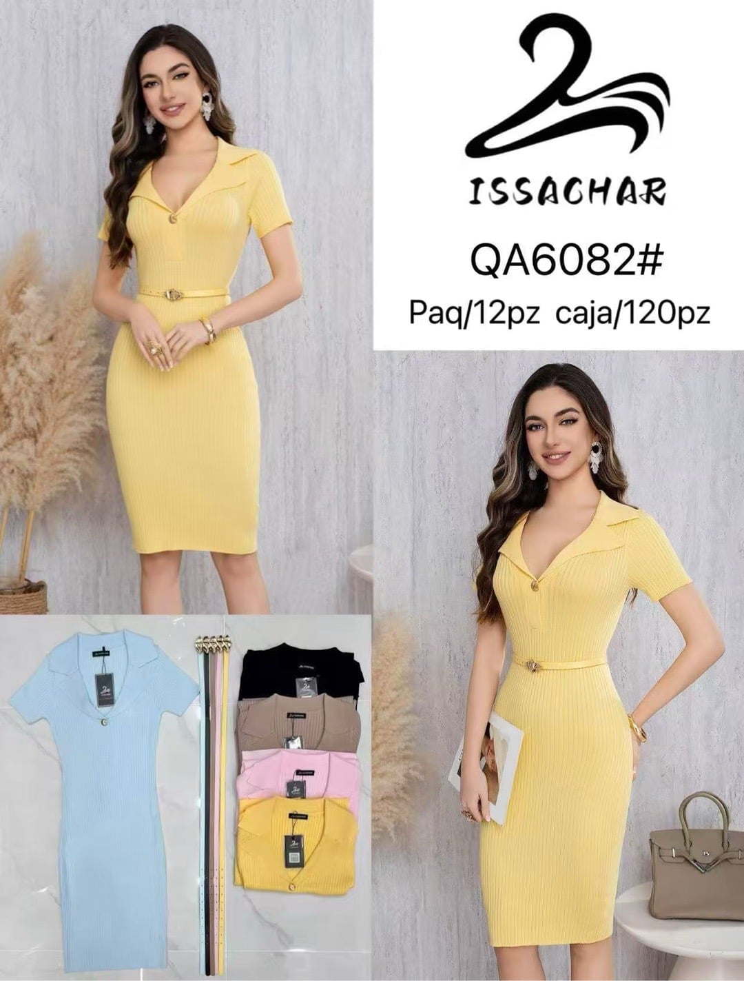 Vestido tipo polo acanalado con cinturón-QA6082#