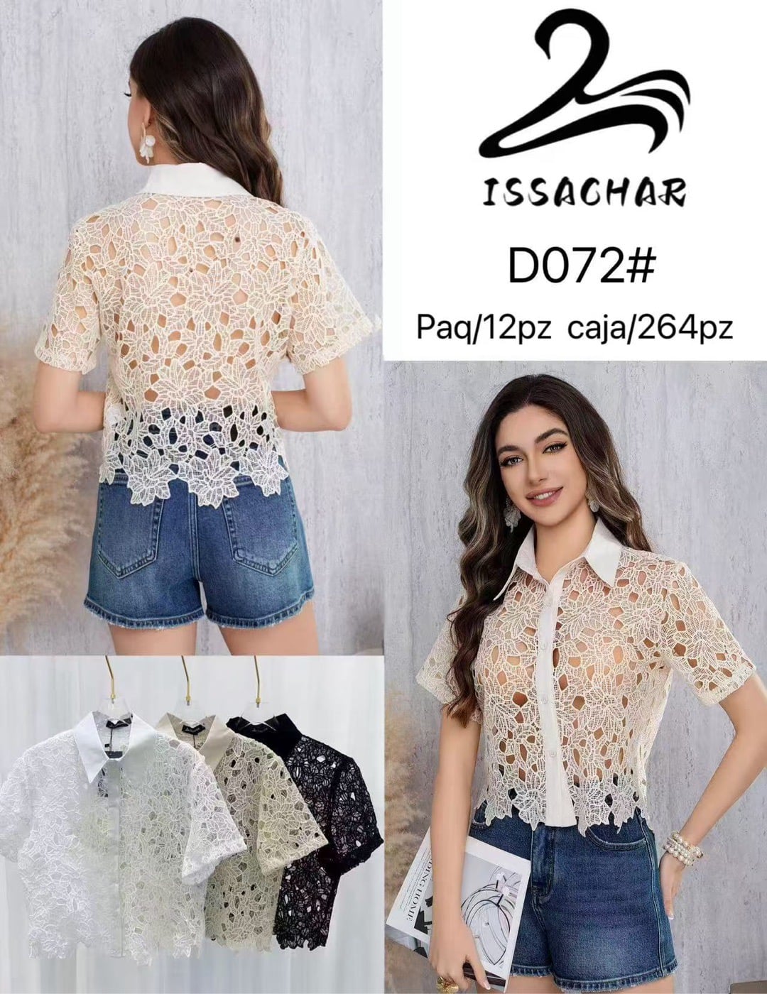Blusa de encaje con cuello-D072#