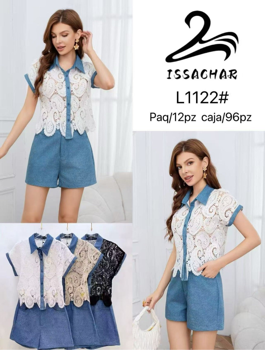 Conjunto de blusa con encaje y short-L1122#