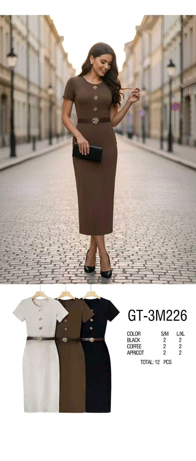 Vestido entallado con botones y cinturón-GT-3M226