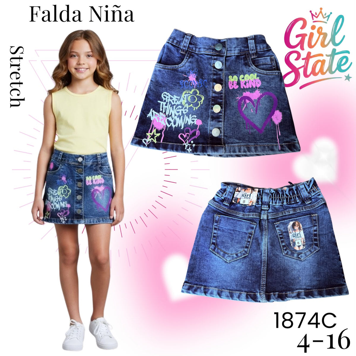 Falda de mezclilla para niña con estampado gráfico-1874C