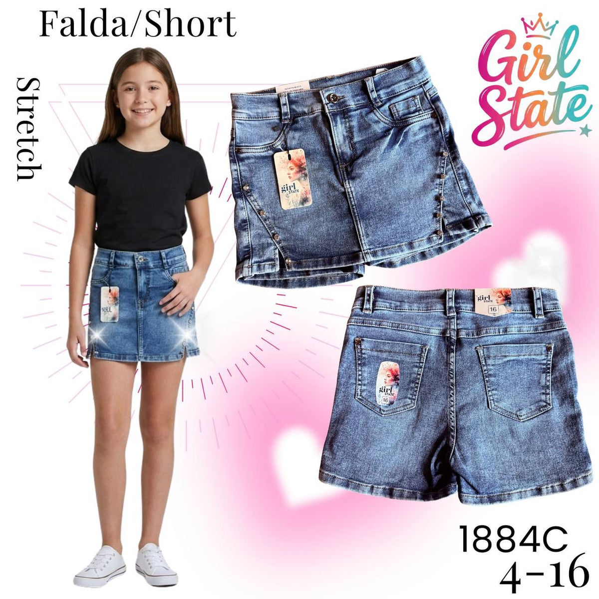 Falda short de Mezclilla para Niña con Stretch-1884C