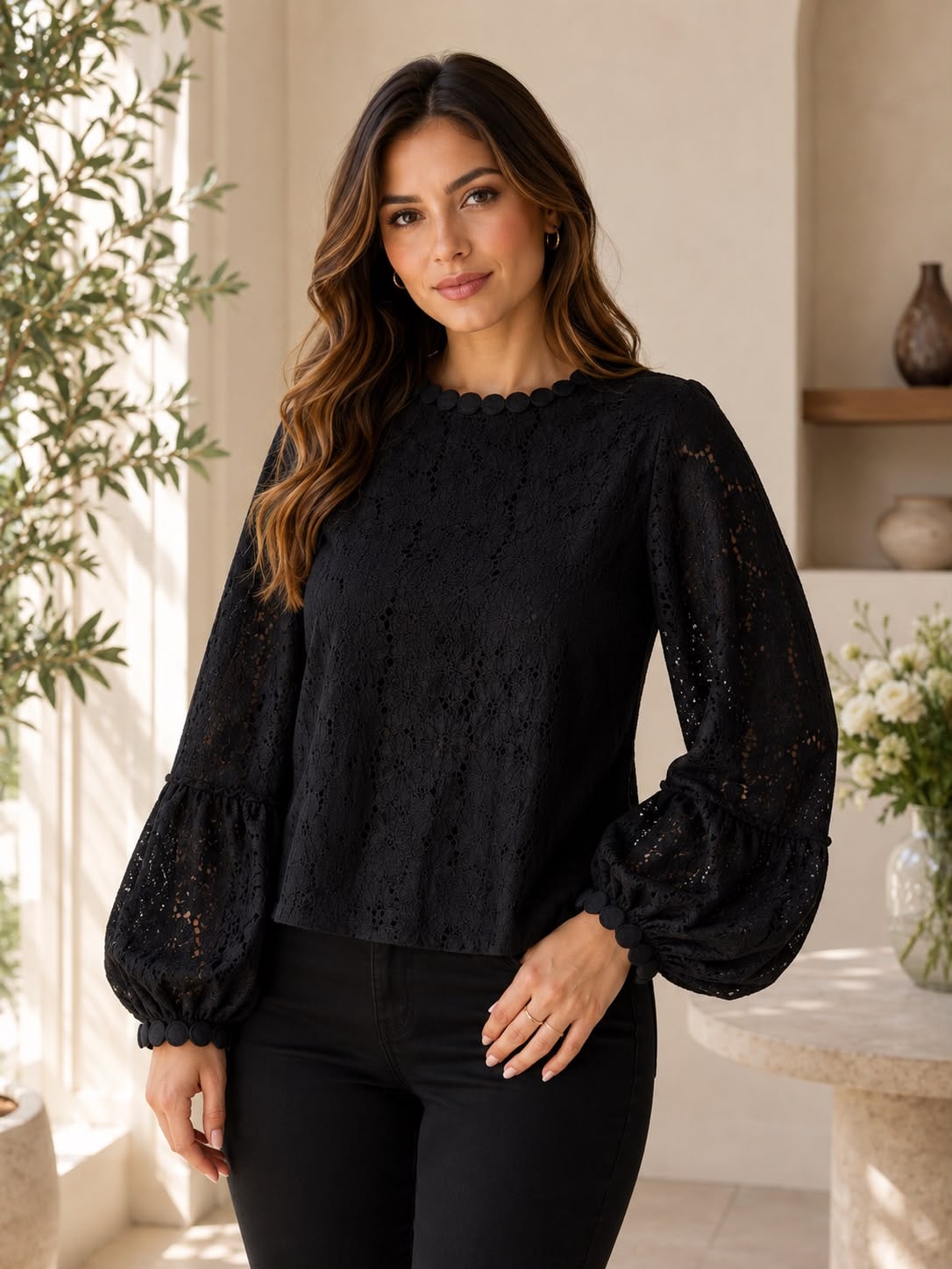 Blusa de encaje con afelpado interior-NP26497