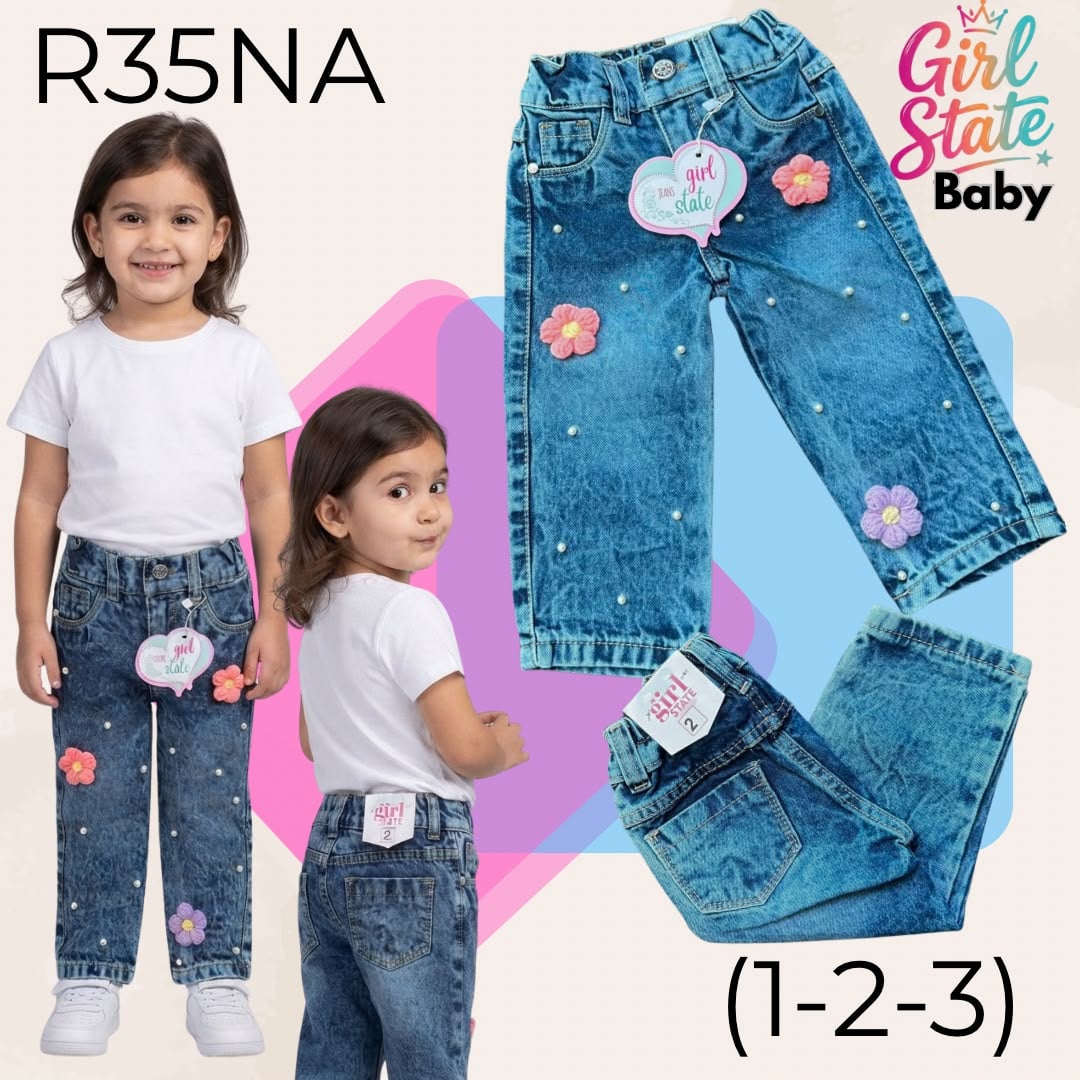 Jeans con diseño de flores y perlas-R35NA