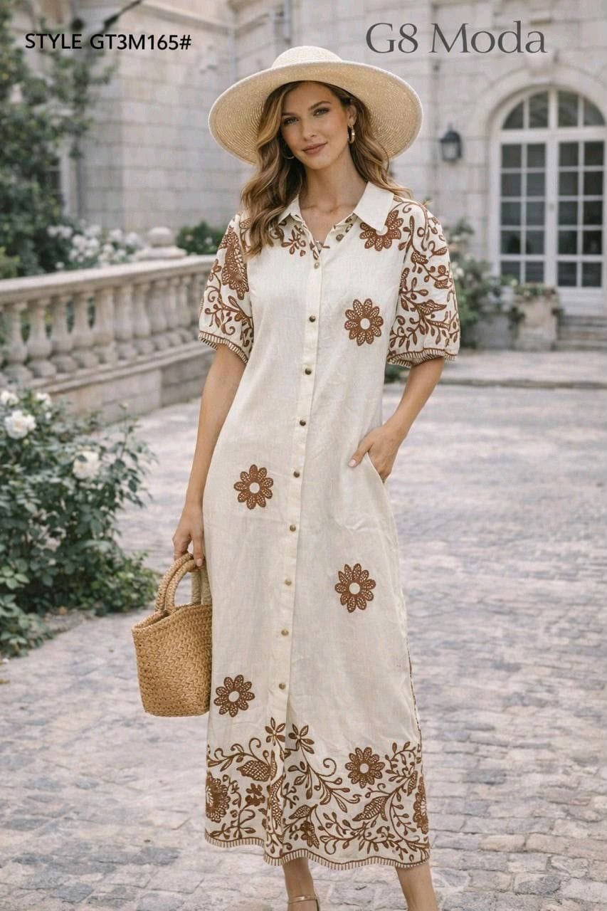 Vestido largo con botones y bordado floral-GT3M165#