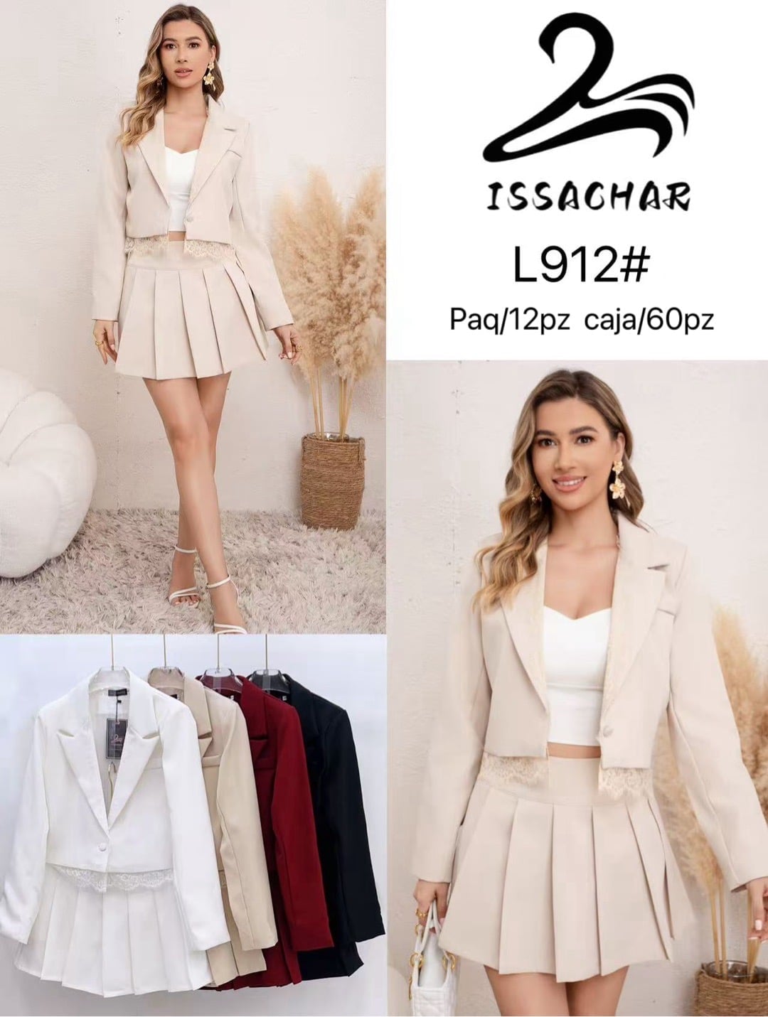 Conjunto de blazer corto y falda plisada-L912#