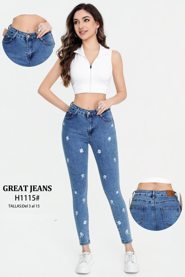 Jeans de mujer con bordado de flores-H1115