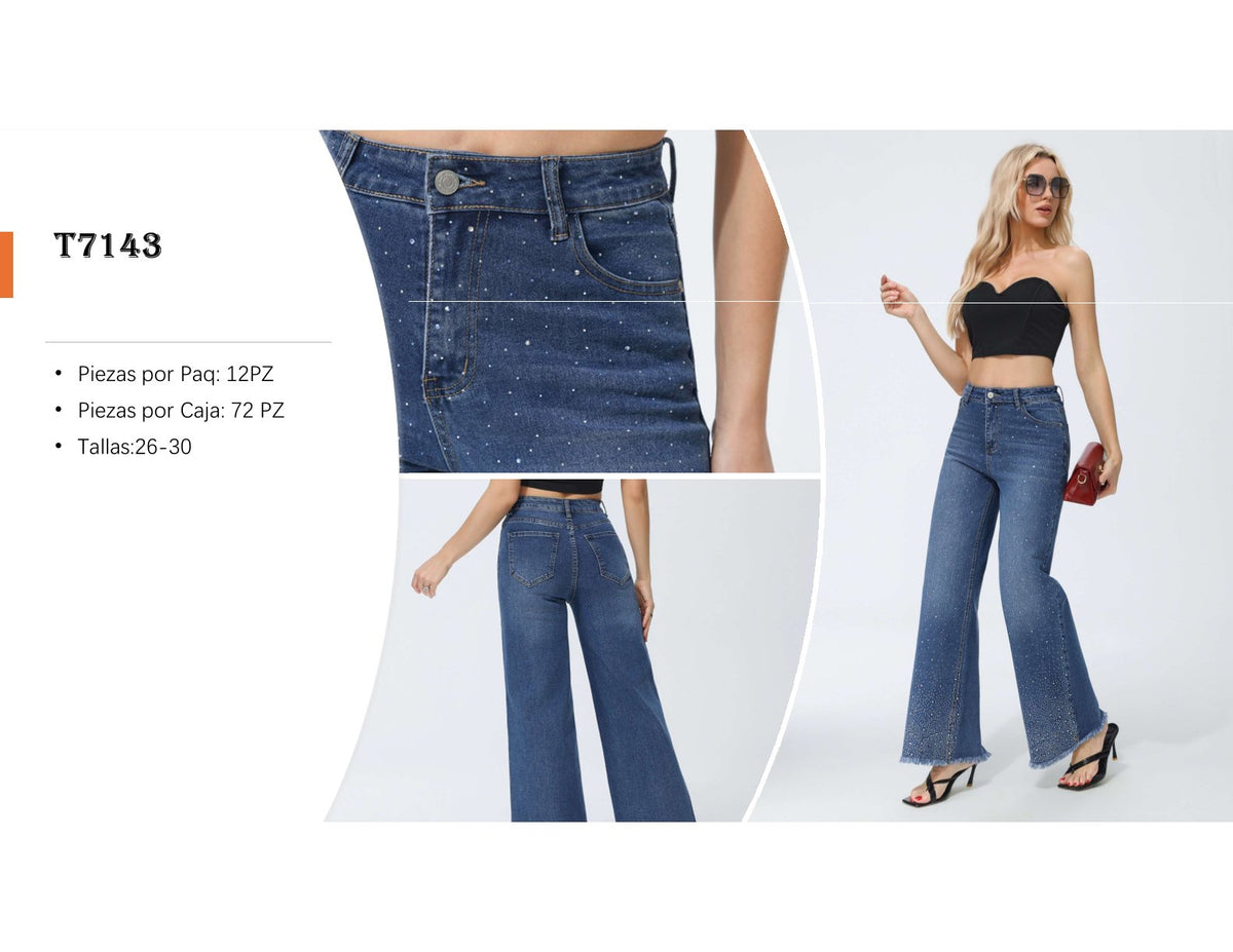 Jeans de mujer de corte acampanado con pedrería-T7143
