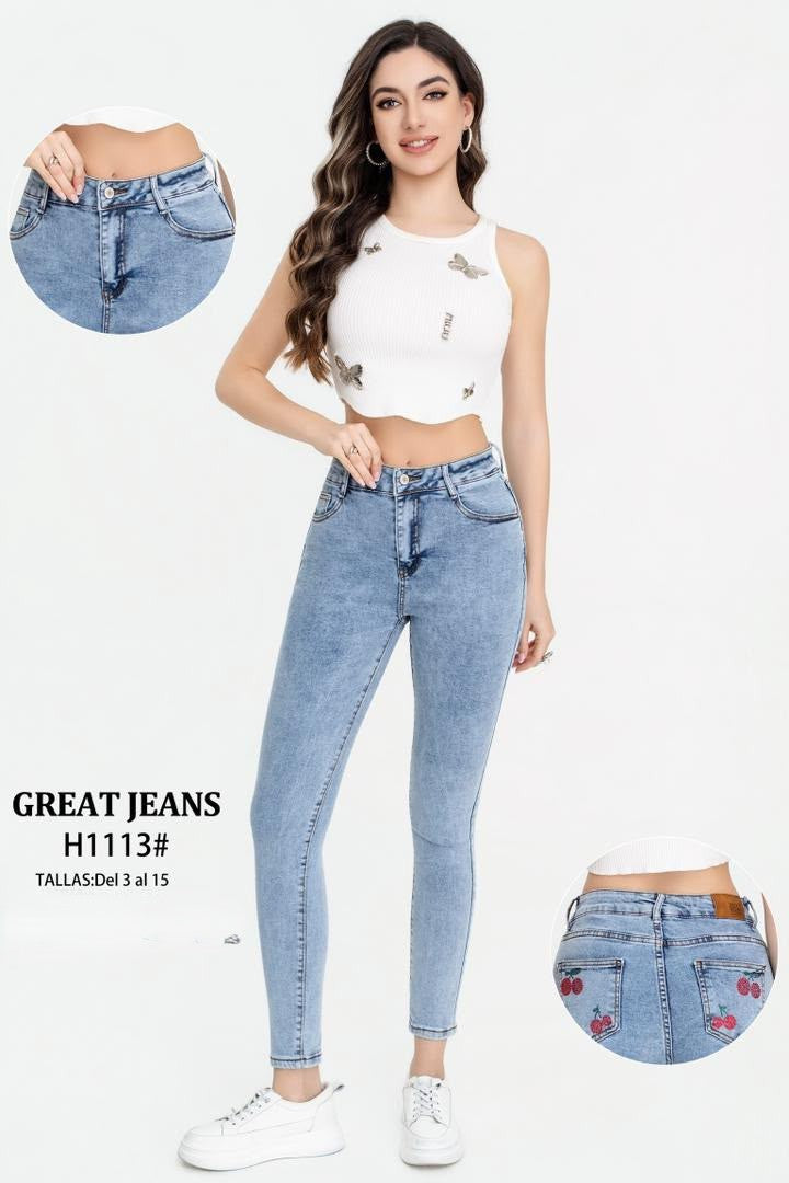 Jeans skinny de mujer con cerezas bordadas-H1113