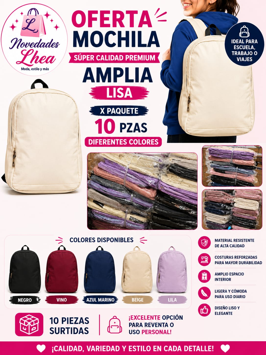 Mochila Amplia Lisa de Súper Calidad Premium Lhea-MOCHAM