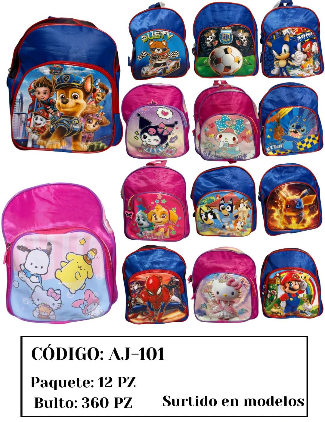 Mochila Escolar Infantil con Diseños Surtidos-AJ-101