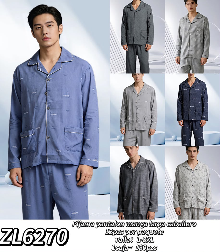 Pijama de dos piezas para caballero de pantalón y manga larga-ZL6270