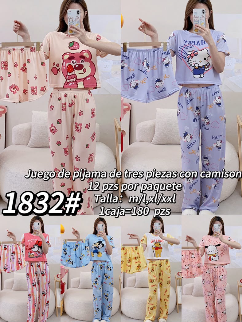 Pijama de Tres Piezas con Camisón de Personajes Animados-1832