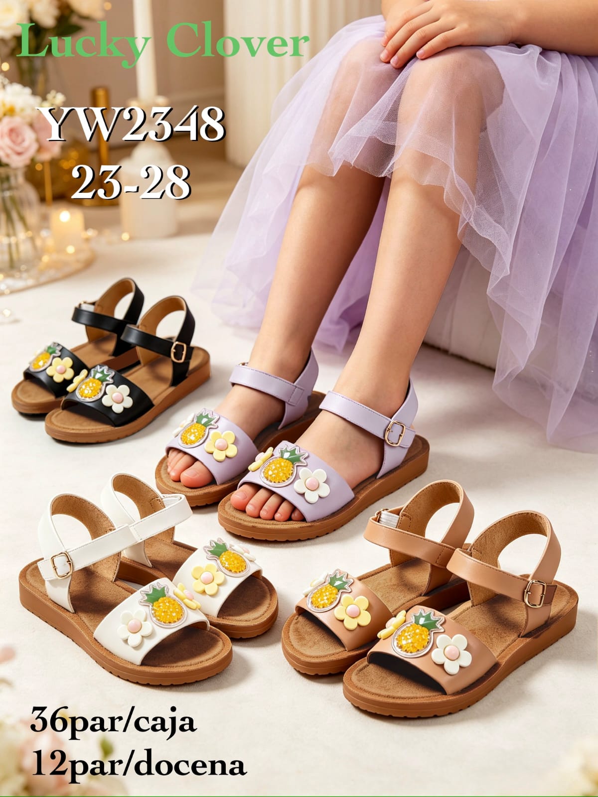 Sandalias de niña con aplicaciones de piña y flores-YW2348