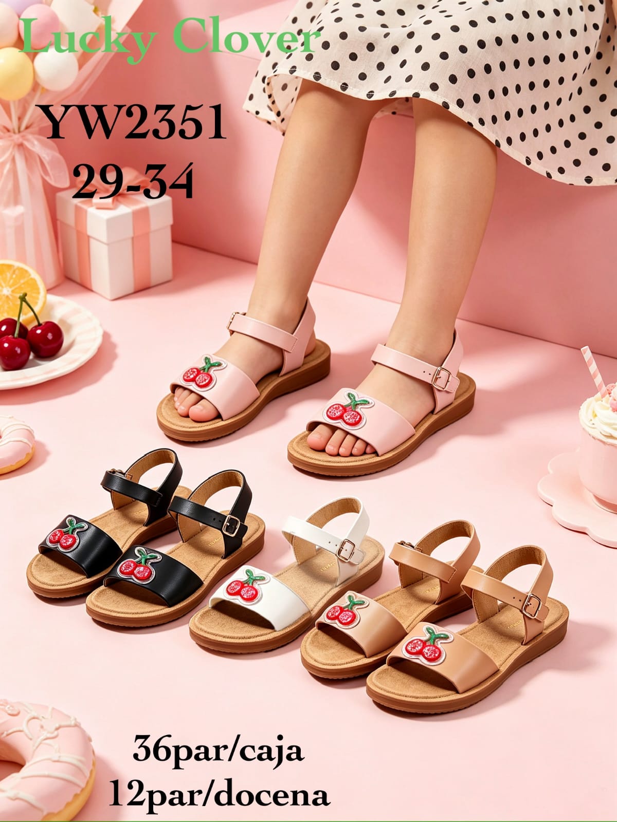 Sandalias de tiras con diseño de cerezas para niña-YW2351