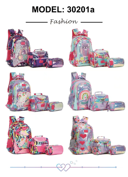 Set de Mochila Escolar con Lonchera y Estuche con Lentejuelas-30201a