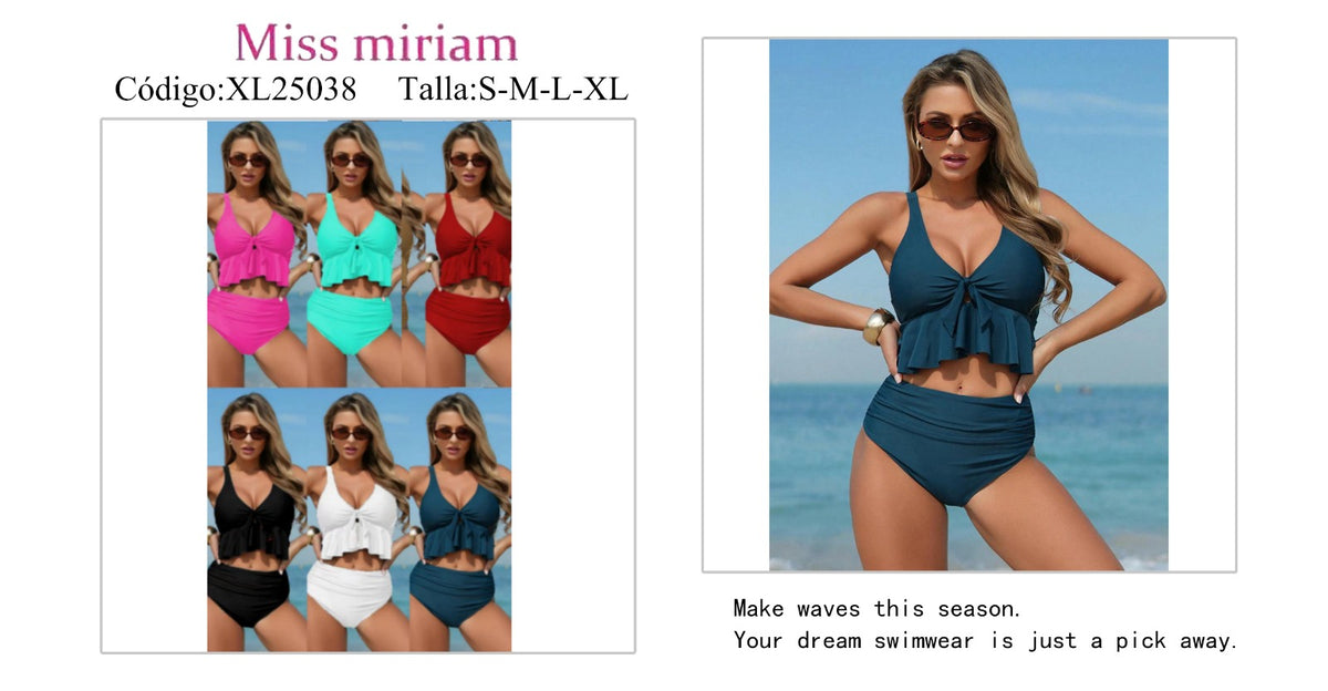 Traje de baño de dos piezas con top de volantes y braguita de talle alto-XL25038