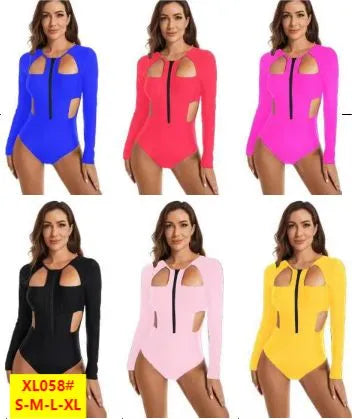 Traje de baño de manga larga con recortes y cierre frontal-XL058