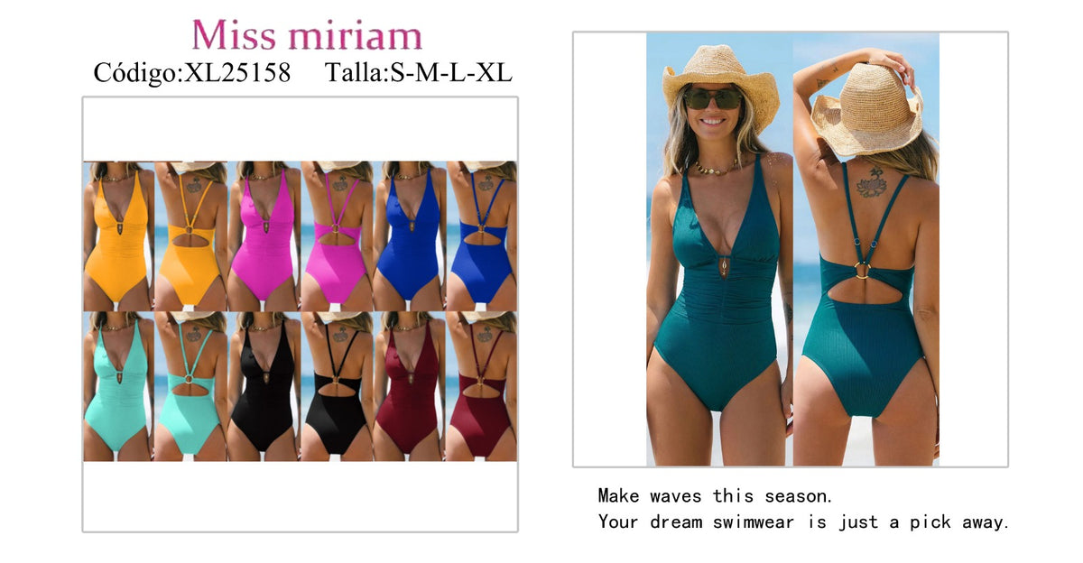 Traje de baño de una pieza con escote en V y abertura en la espalda-XL25158