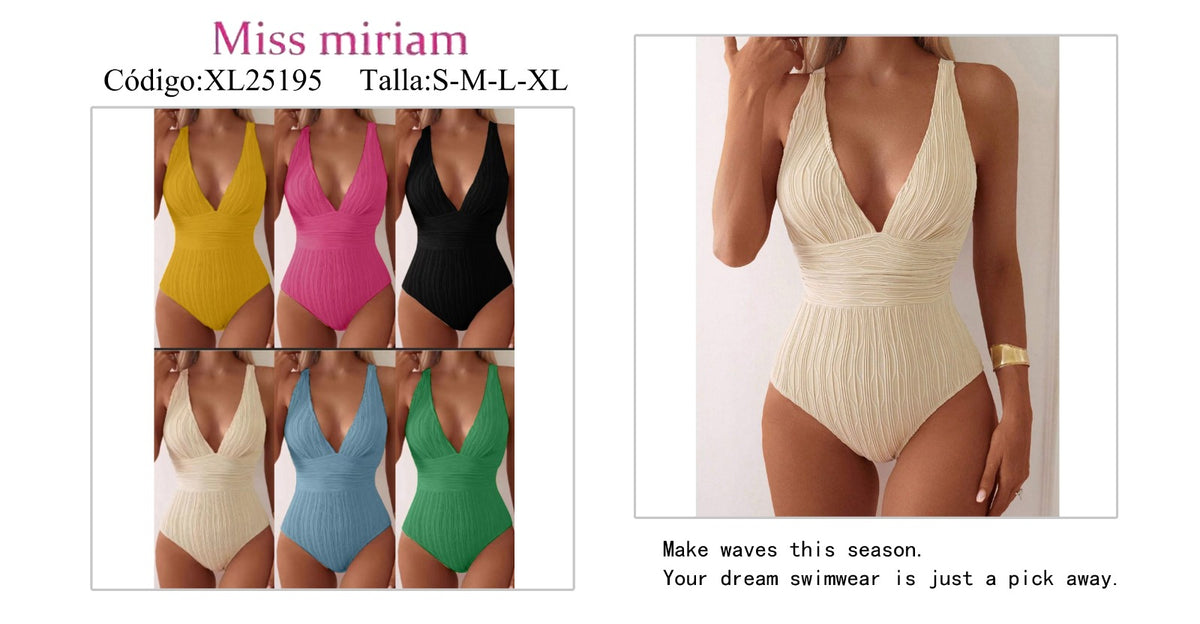 Traje de baño de una pieza con escote V y textura plisada-XL25195