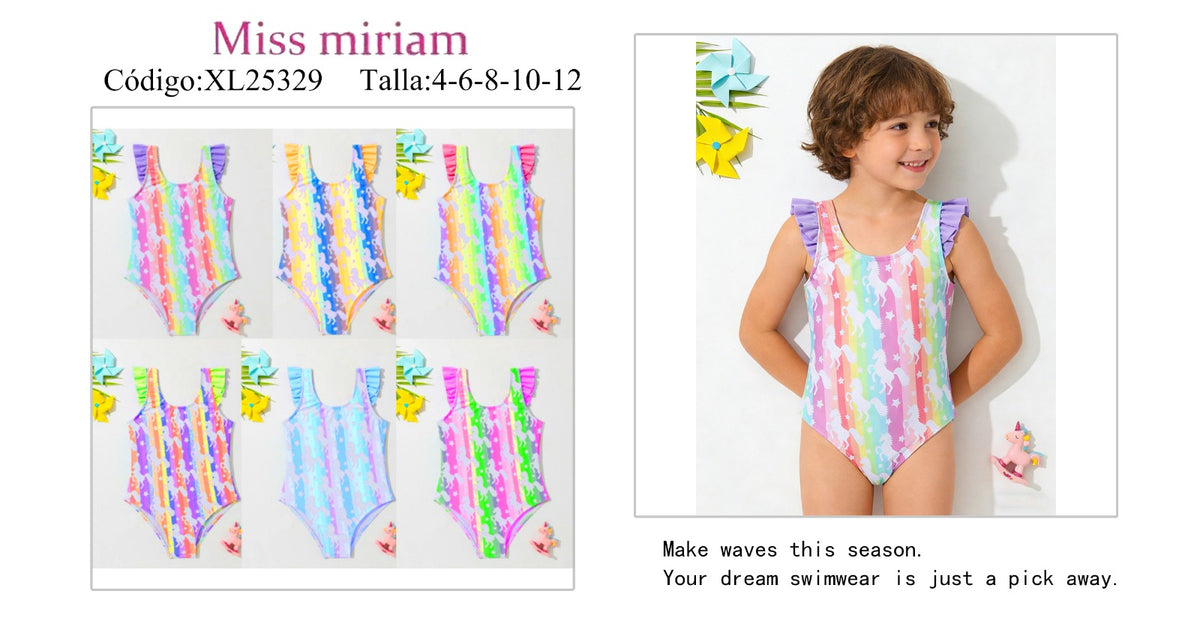 Traje de Baño de Una Pieza con Estampado de Unicornios y Volantes para Niña-XL25329
