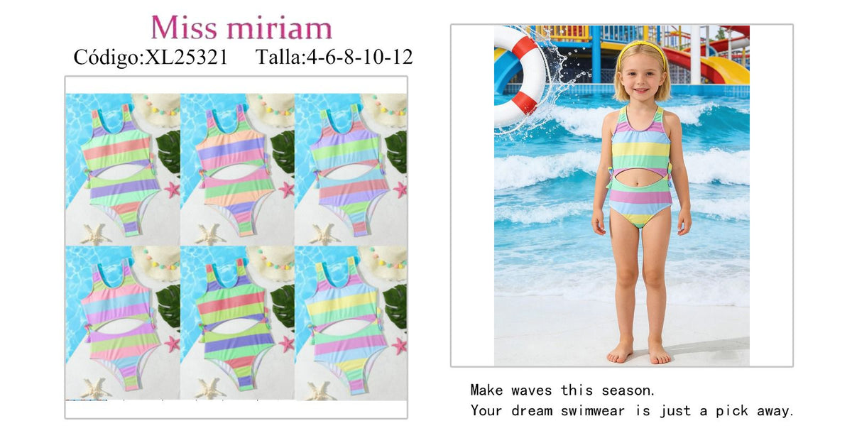 Traje de baño de una pieza con rayas y recortes para niña-XL25321