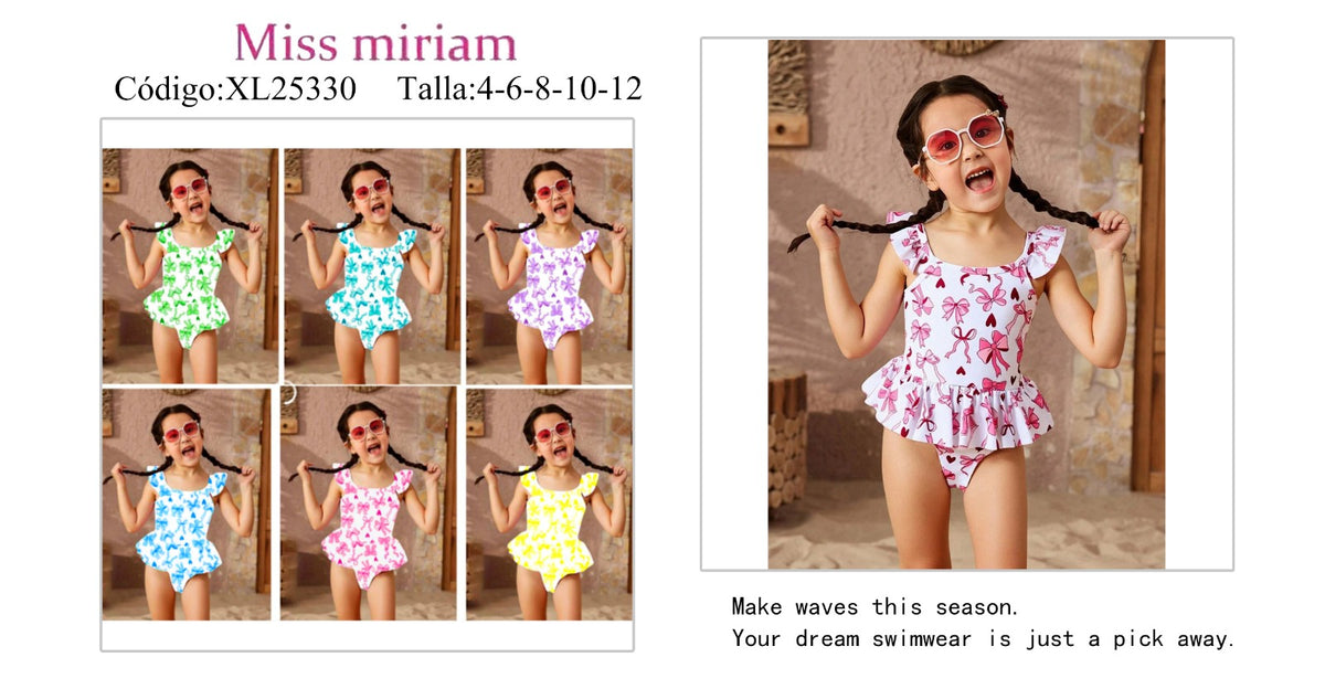 Traje de baño de una pieza con volantes y estampado de lazos para niña-XL25330