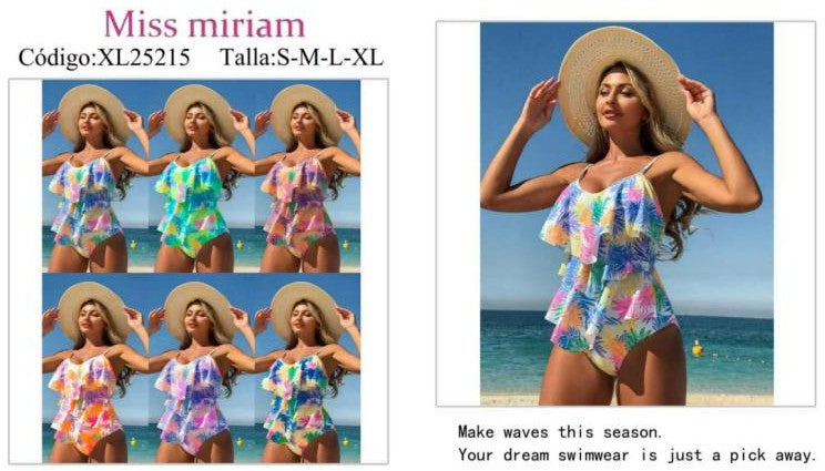 Traje de baño de una pieza con volantes y estampado tropical-XL25215