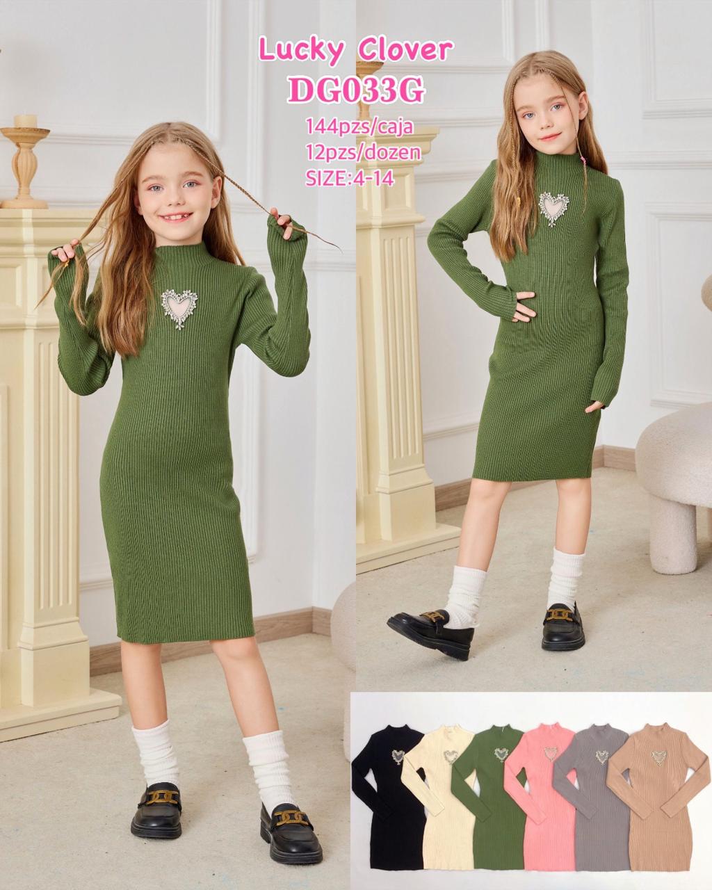 Vestido acanalado de manga larga con aplique de corazón para niña-DG033G