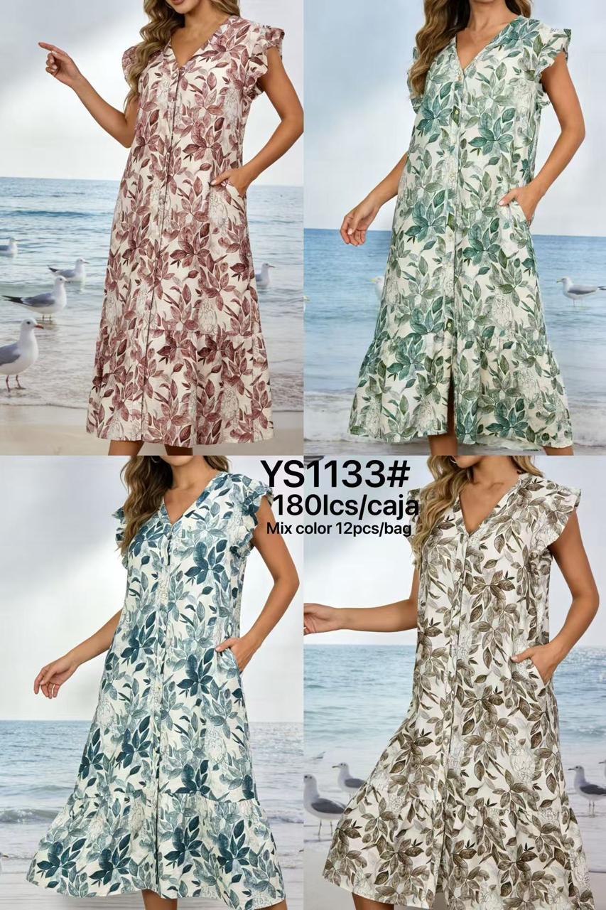 Vestido largo de playa con estampado de hojas-YS1133