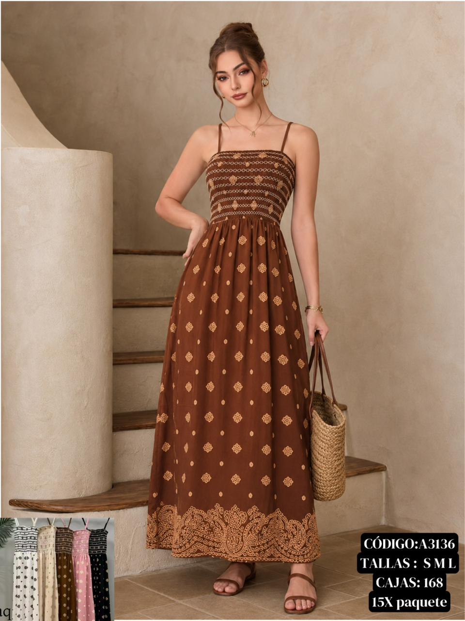 Vestido maxi de tirantes con estampado étnico-A3136