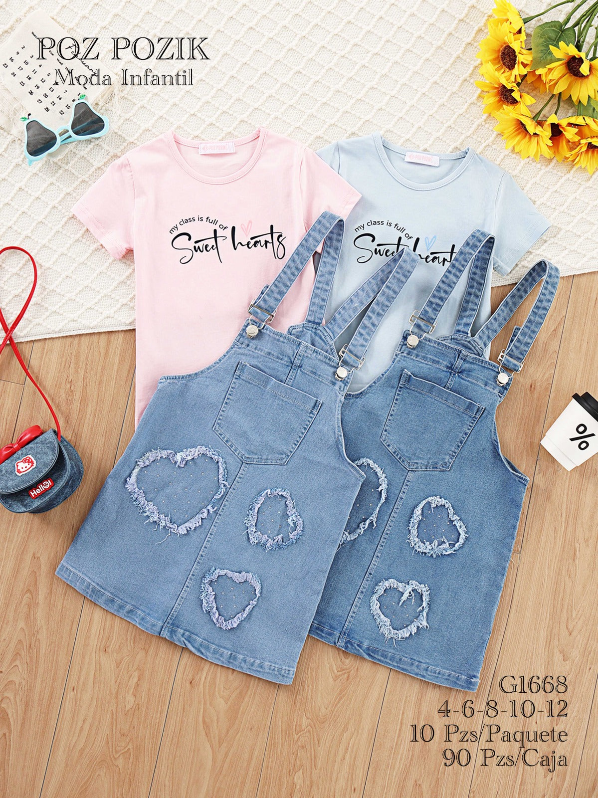 Vestido Overol de Mezclilla con Camiseta para Niña-AZL-G1668
